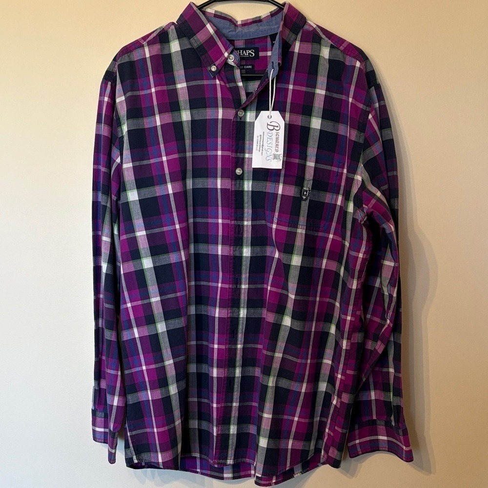 Chaps Mens XL Purple Plaid Button Down Shirt Upcycled Dr Facilier Graphic Patch - Picture 3 of 4